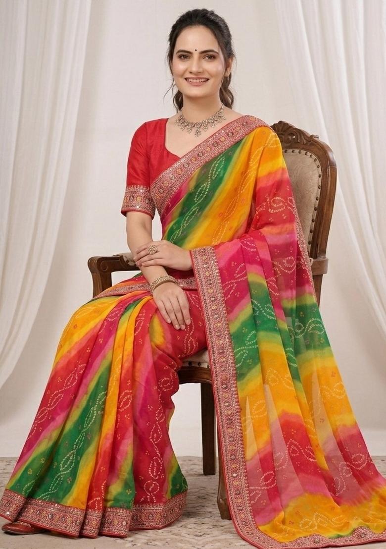 Red Embroidered Georgette Saree Set - Indya