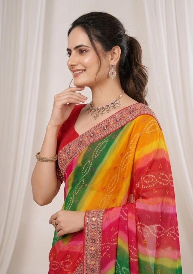 Red Embroidered Georgette Saree Set - Indya