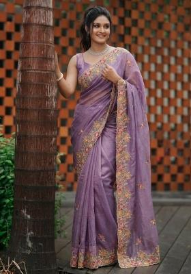 Lavender Embroidered Net Saree Set
