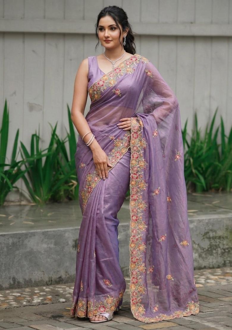 Lavender Embroidered Net Saree Set - Indya