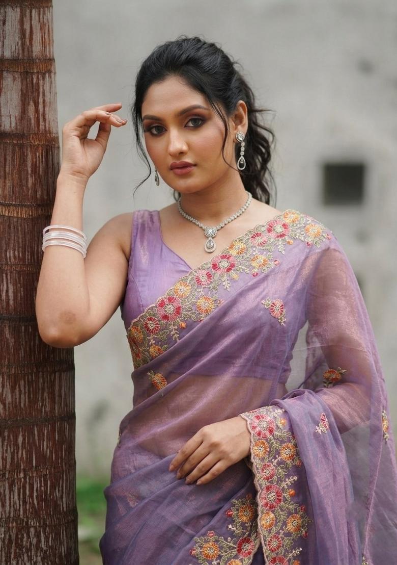 Lavender Embroidered Net Saree Set - Indya