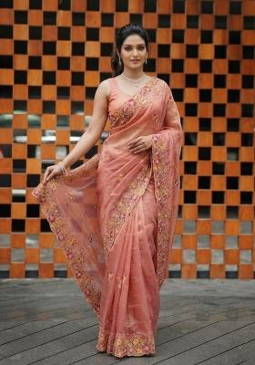 Peach Pink Embroidered Net Saree Set