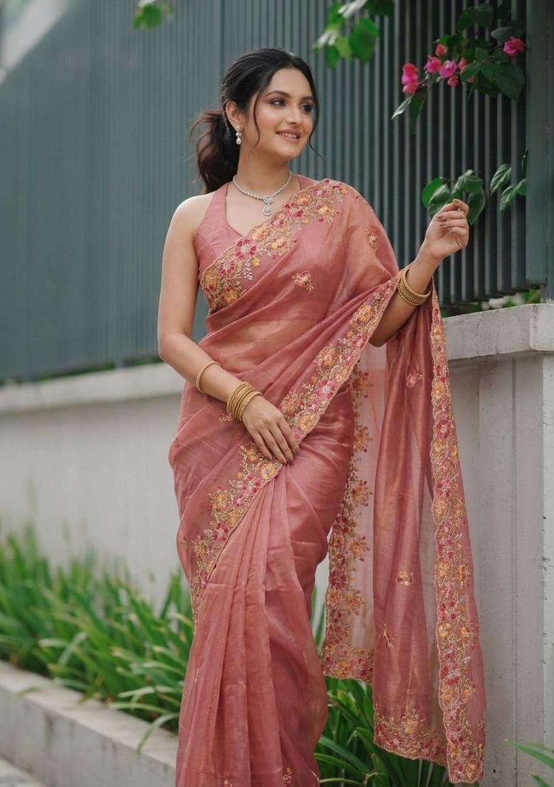 Peach Pink Embroidered Net Saree Set - Indya