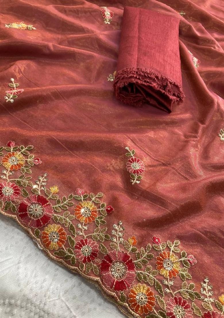 Peach Pink Embroidered Net Saree Set - Indya