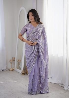 Lavender Embroidered Net Saree Set
