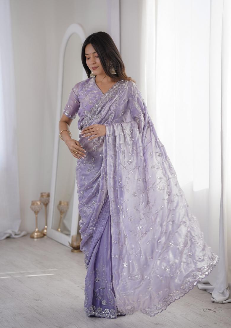 Lavender Embroidered Net Saree Set - Indya