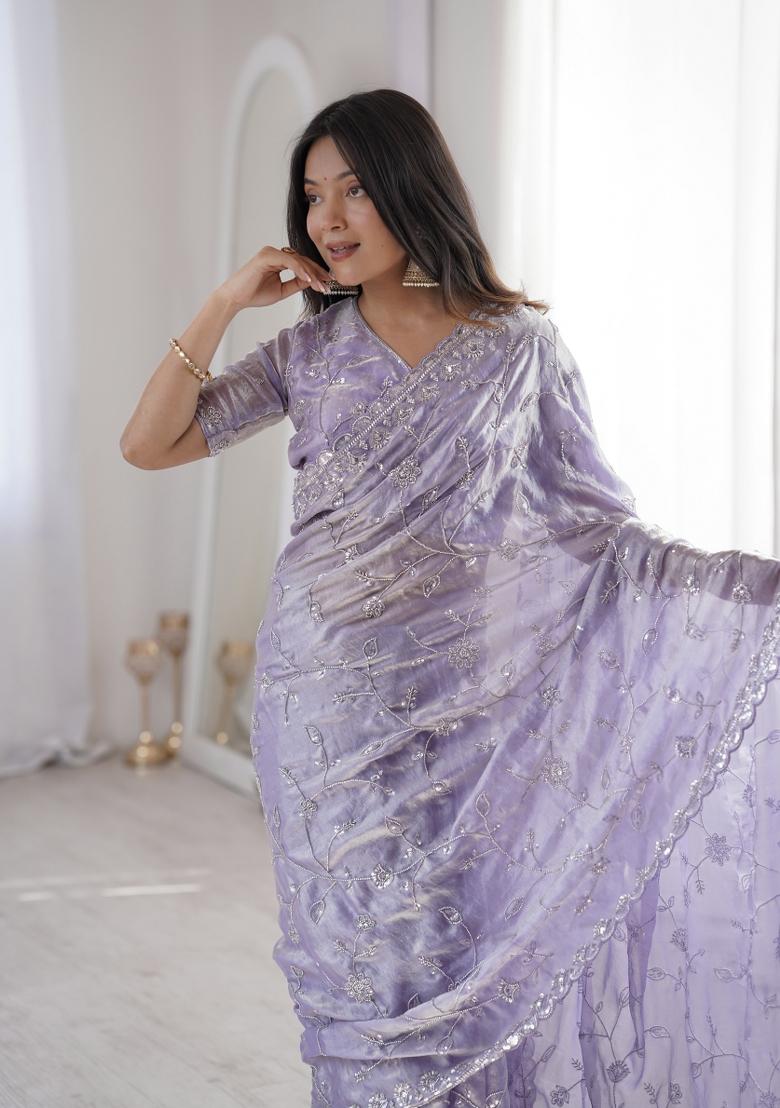Lavender Embroidered Net Saree Set - Indya