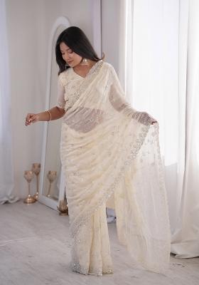 Off White Embroidered Net Saree Set