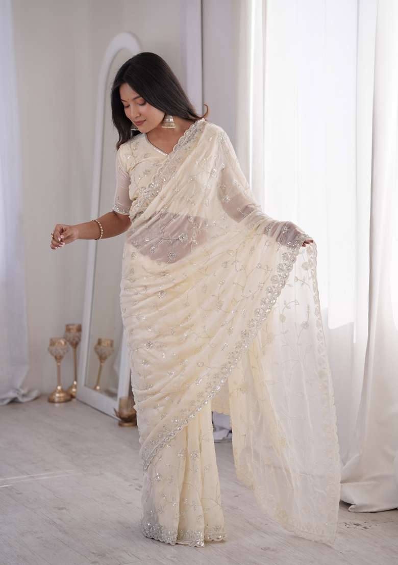 Off White Embroidered Net Saree Set for Diwali and Festive Wear - Indya
