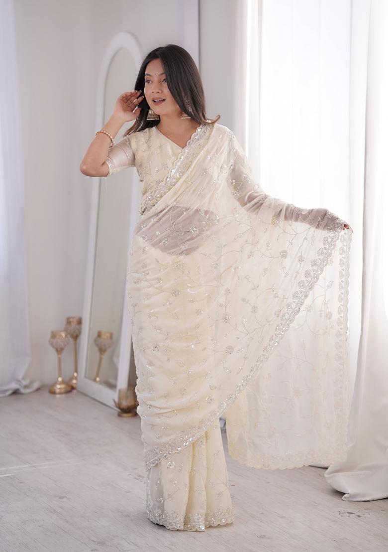 Off White Embroidered Net Saree Set - Indya