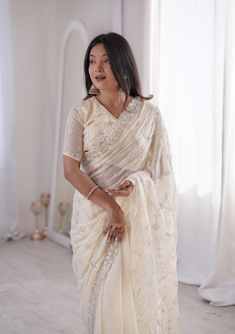 Off White Embroidered Net Saree Set - Indya