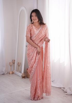 Peach Embroidered Net Saree Set