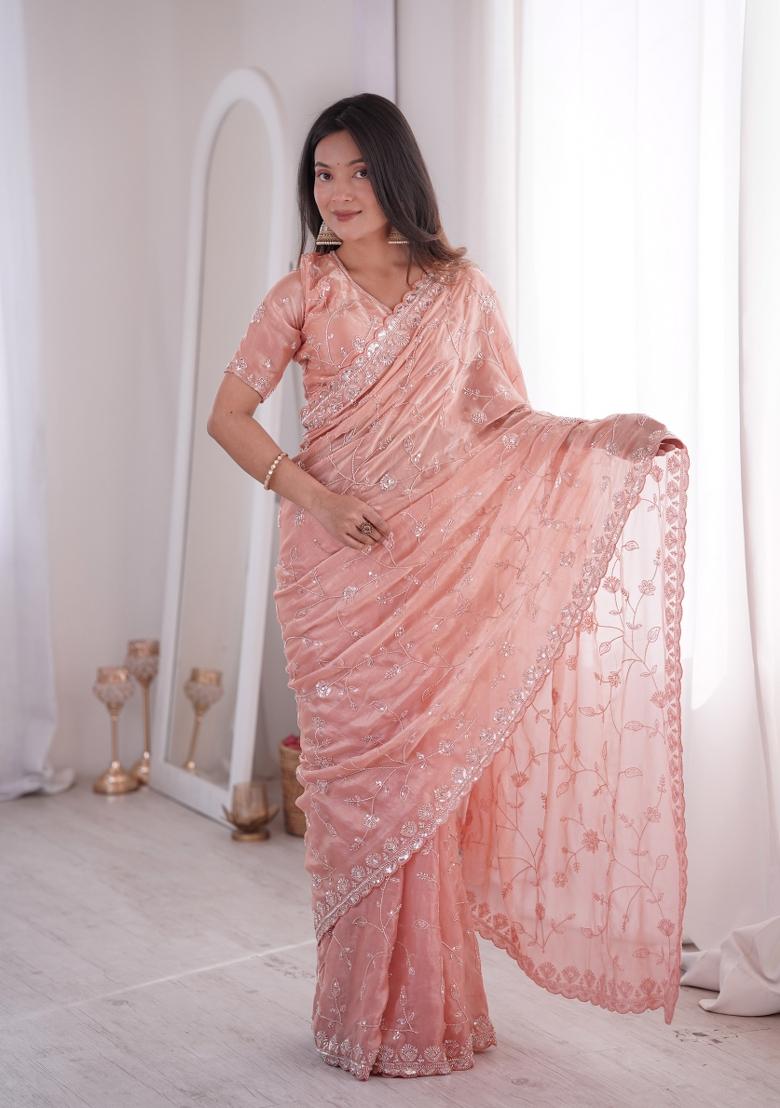 Peach Embroidered Net Saree Set - Indya
