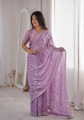 Purple Embroidered Net Saree Set