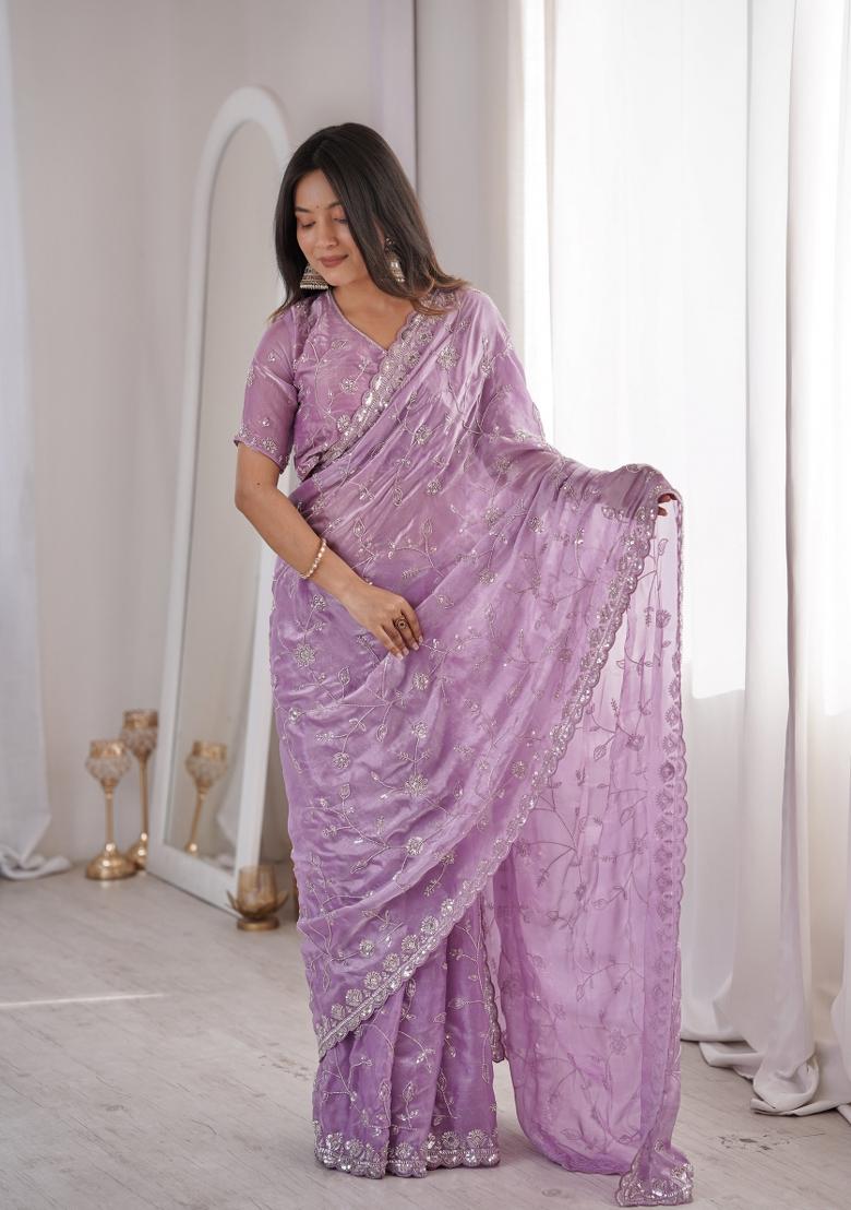 Purple Embroidered Net Saree Set - Indya
