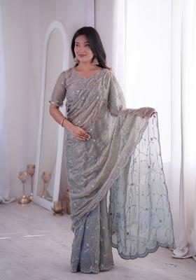 Grey Embroidered Silk Saree Set