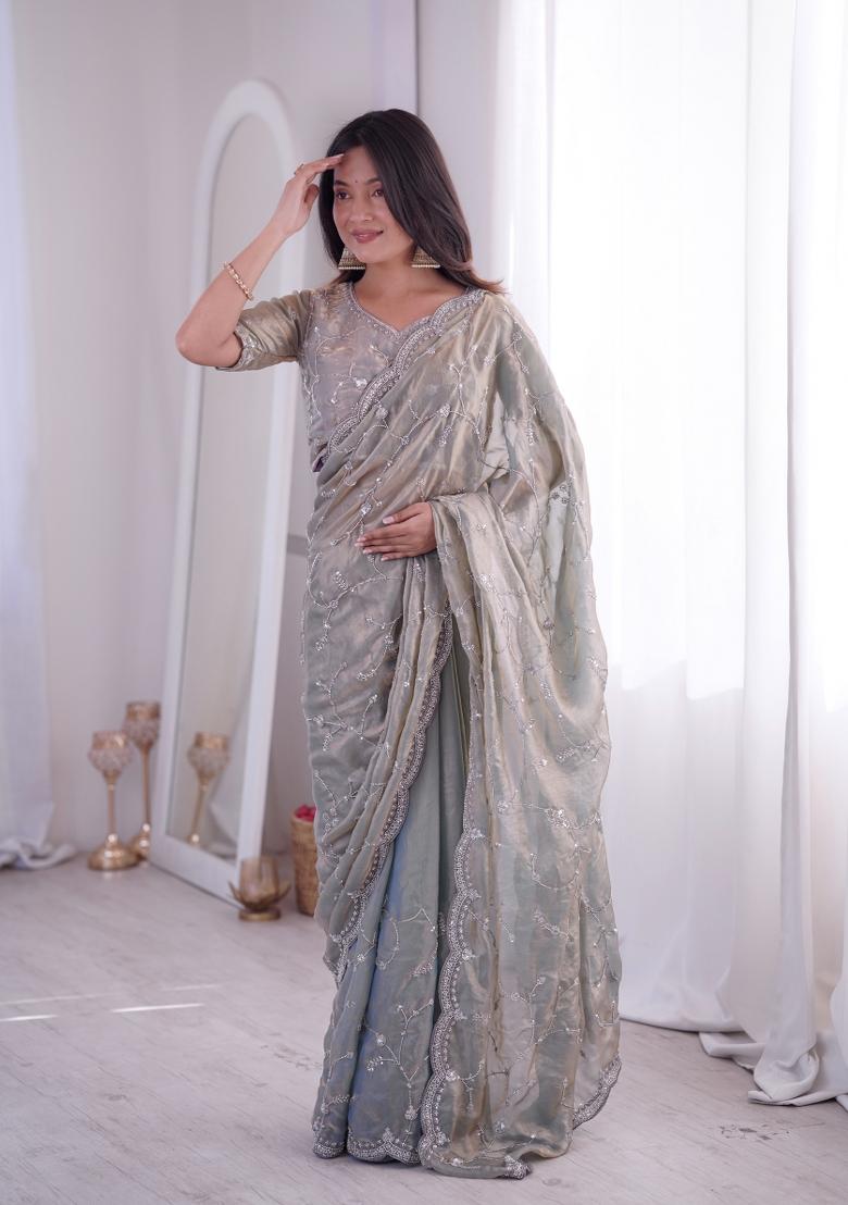 Grey Embroidered Silk Saree Set - Indya