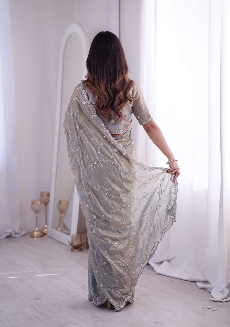Grey Silk Saree Set with Embroidered for Diwali | Wedding & Festive Wear - Indya