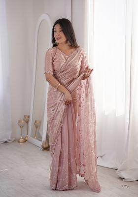 Peach Embroidered Silk Saree Set