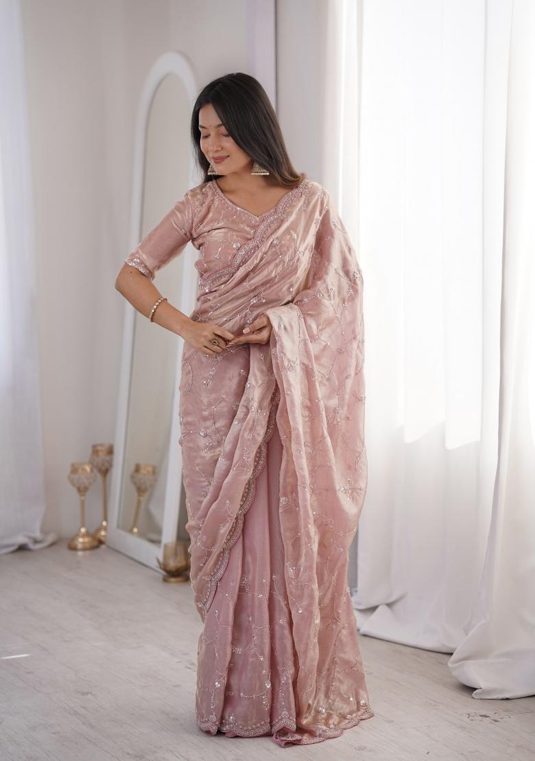 Peach Embroidered Silk Saree Set - Indya