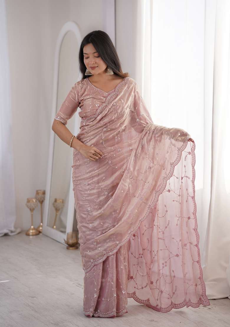 Peach Silk Saree Set with Embroidered for Diwali | Wedding & Festive Wear - Indya