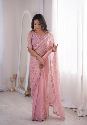 Pink Embroidered Silk Saree Set