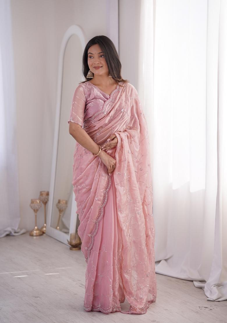 Pink Embroidered Silk Saree Set - Indya