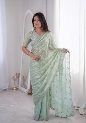Pista Embroidered Silk Saree Set
