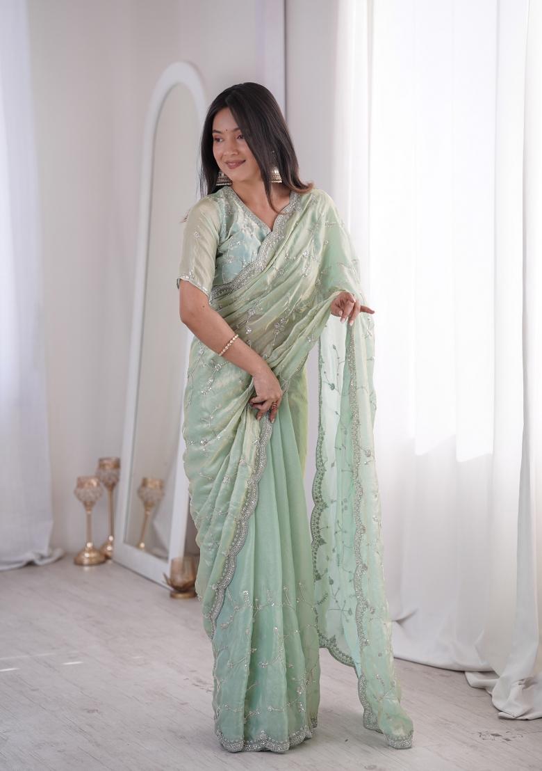 Pista Embroidered Silk Saree Set - Indya