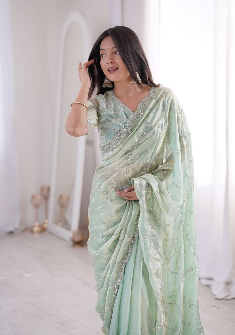 Pista Embroidered Silk Saree Set for Diwali and Festive Wear - Indya