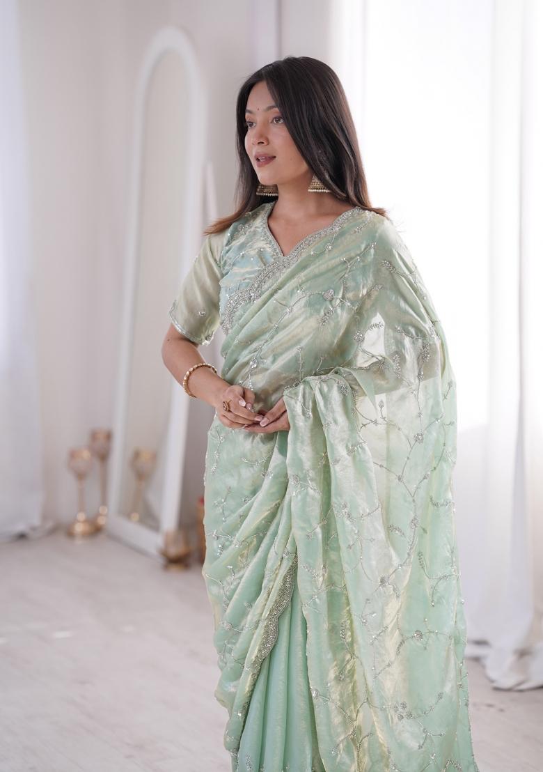 Pista Embroidered Silk Saree Set - Indya