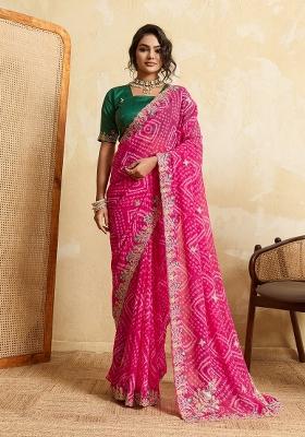 Pink Embroidered Georgette Saree Set