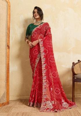 Red Embroidered Georgette Saree Set