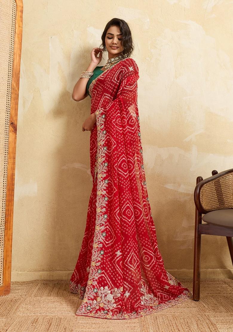 Red Embroidered Georgette Saree Set - Indya