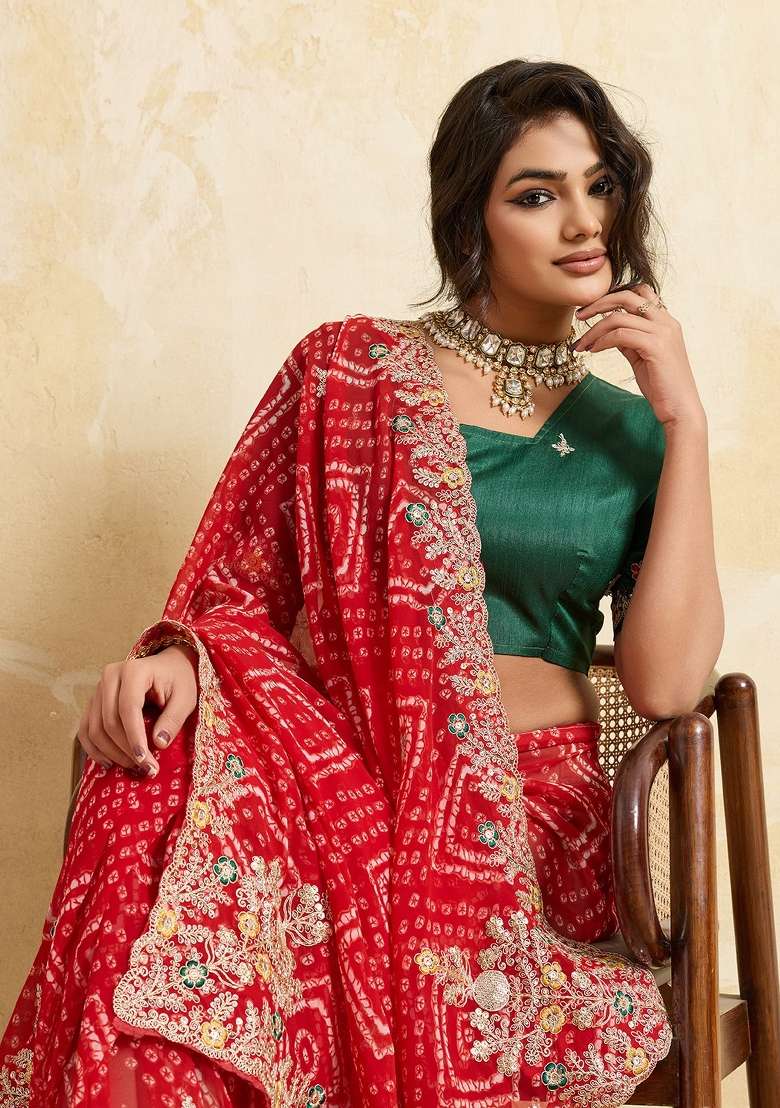 Red Georgette Saree Set with Embroidered for Diwali | Wedding & Festive Wear - Indya