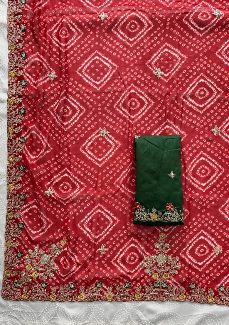 Red Embroidered Georgette Saree Set - Indya