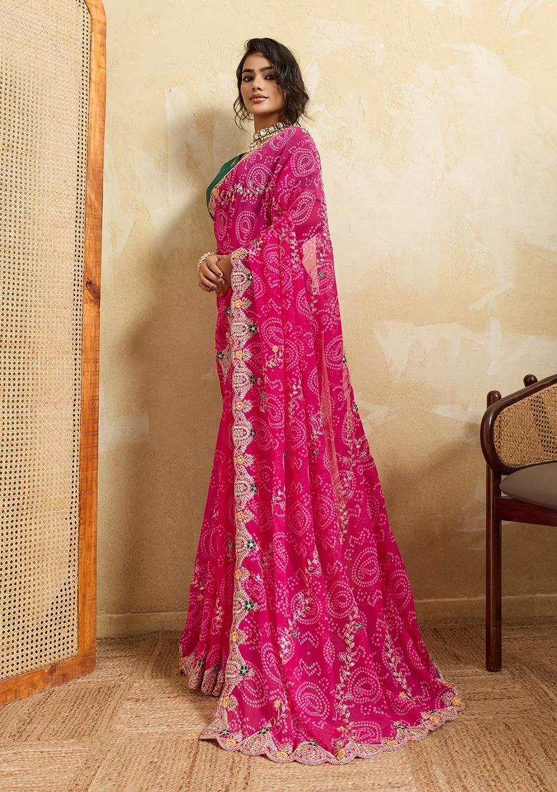 Red Embroidered Georgette Saree Set - Indya