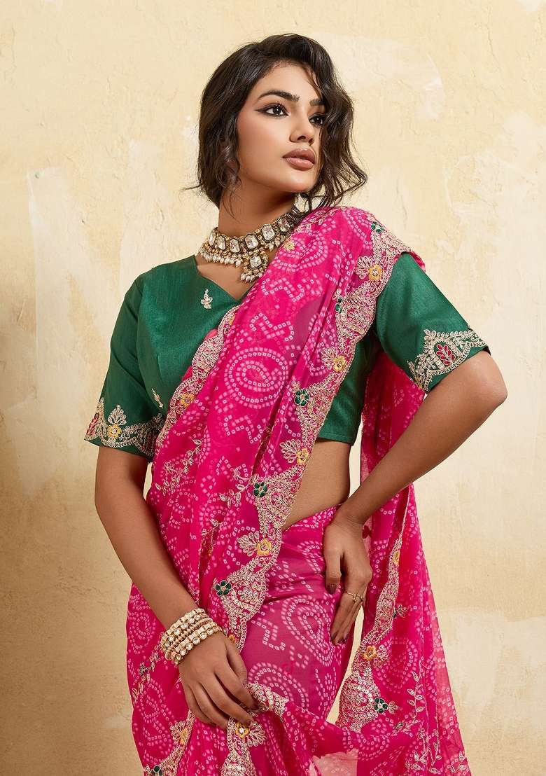 Red Embroidered Georgette Saree Set for Diwali and Festive Wear - Indya