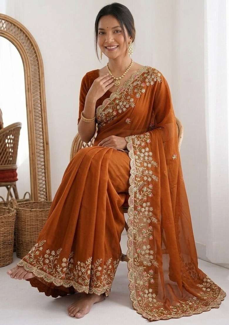 Rust Embroidered Silk Saree Set for Diwali and Festive Wear - Indya