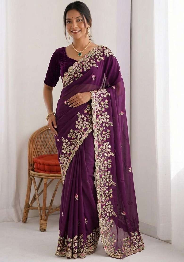 Wine Silk Saree Set with Embroidered for Diwali | Wedding & Festive Wear - Indya
