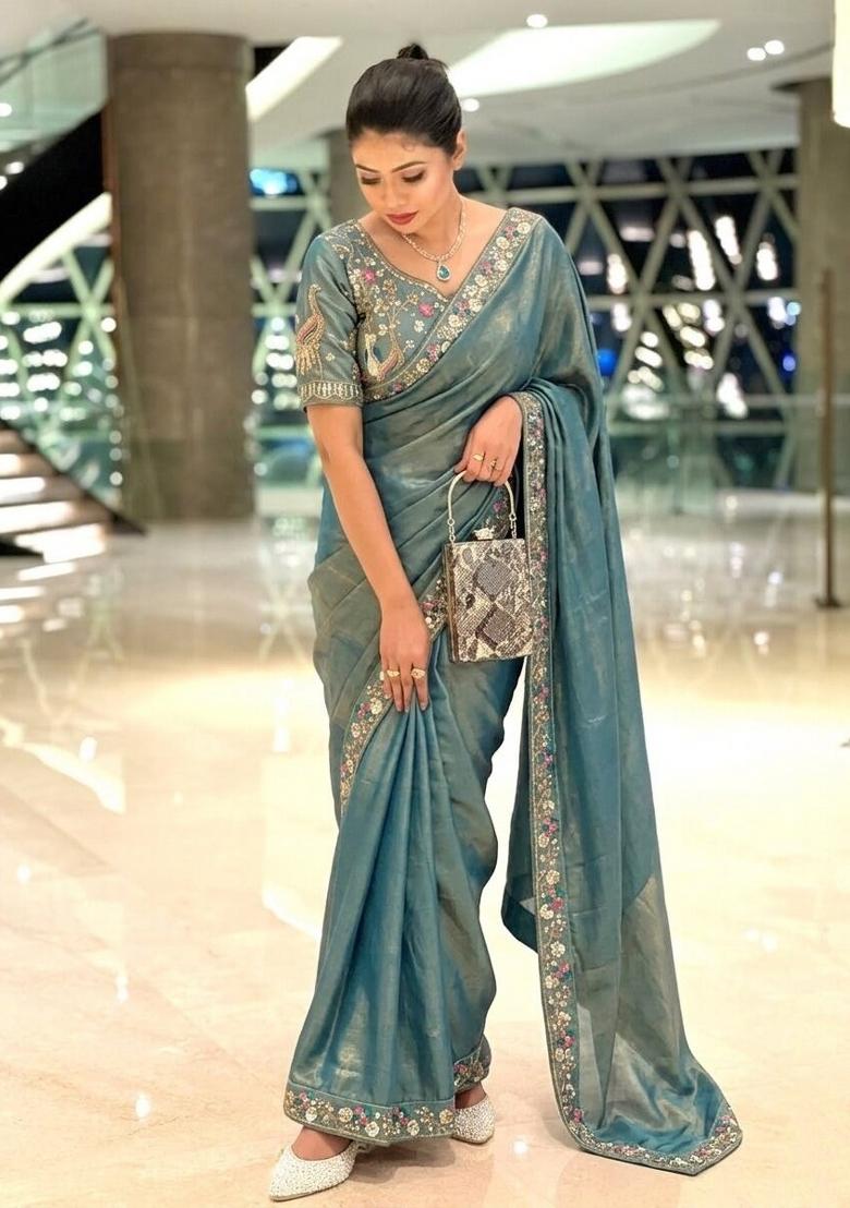 Teal Embroidered Silk Saree Set - Indya