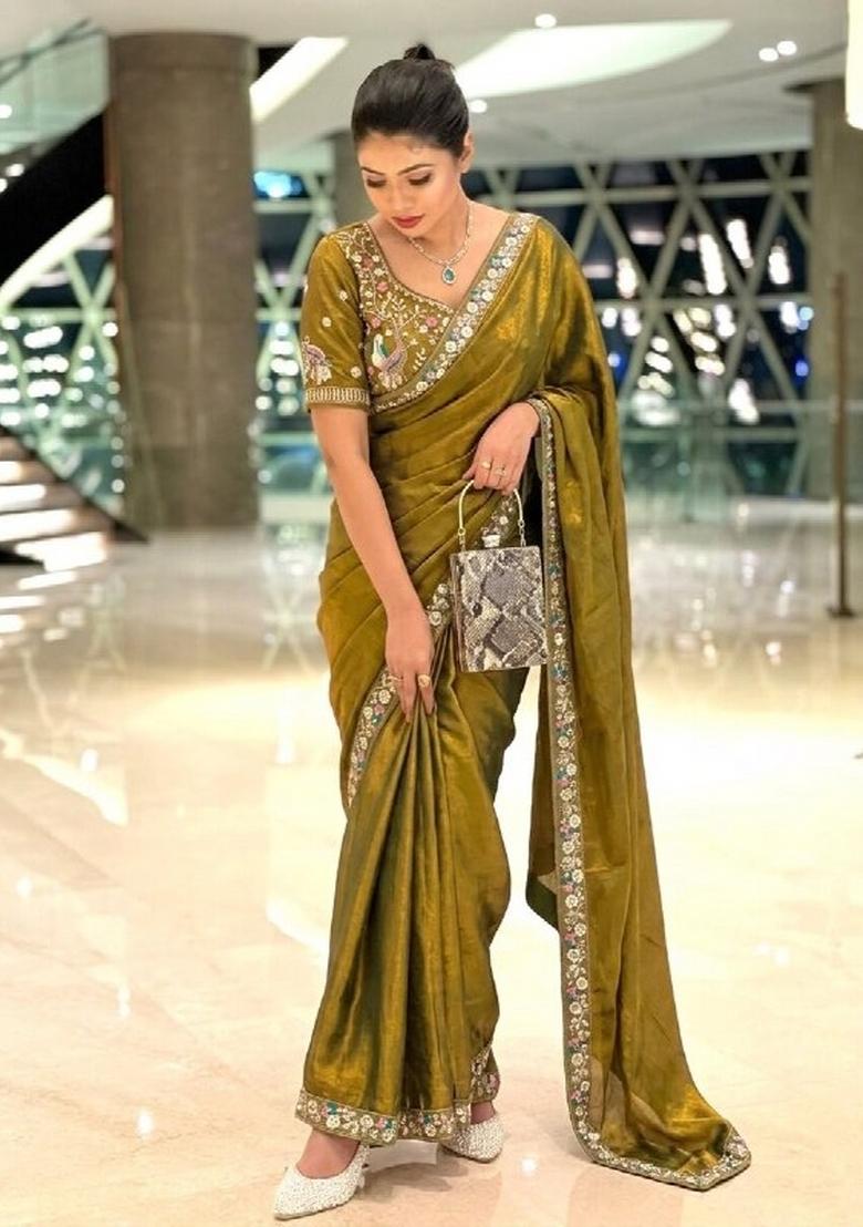 Mehendi Green Embroidered Silk Saree Set - Indya