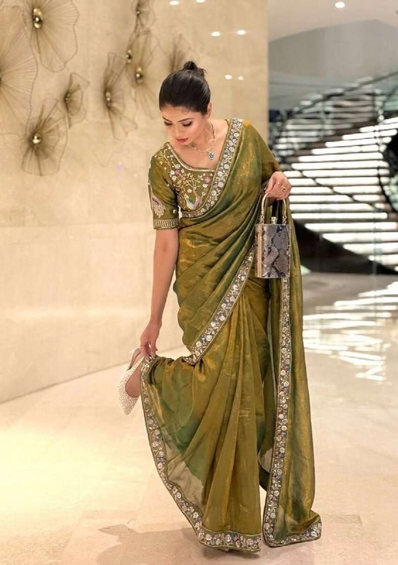 Mehendi Green Silk Saree Set with Embroidered for Diwali | Wedding & Festive Wear - Indya