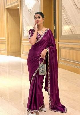 Purple Embroidered Silk Saree Set