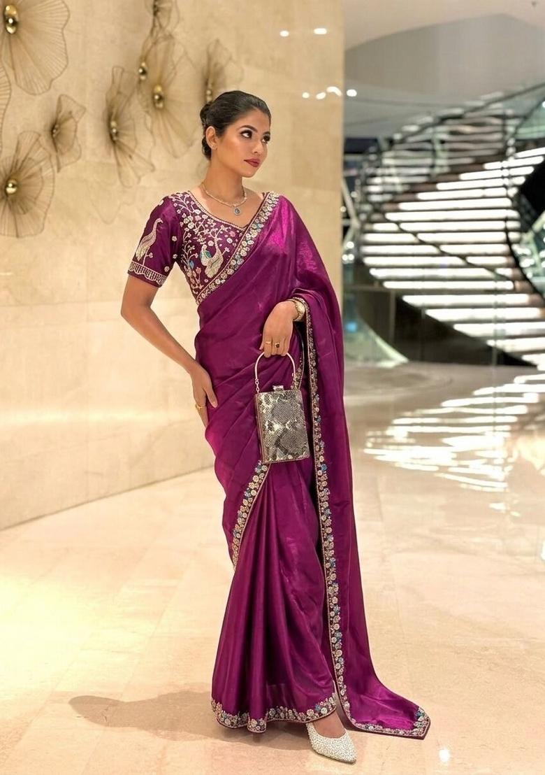 Purple Embroidered Silk Saree Set - Indya