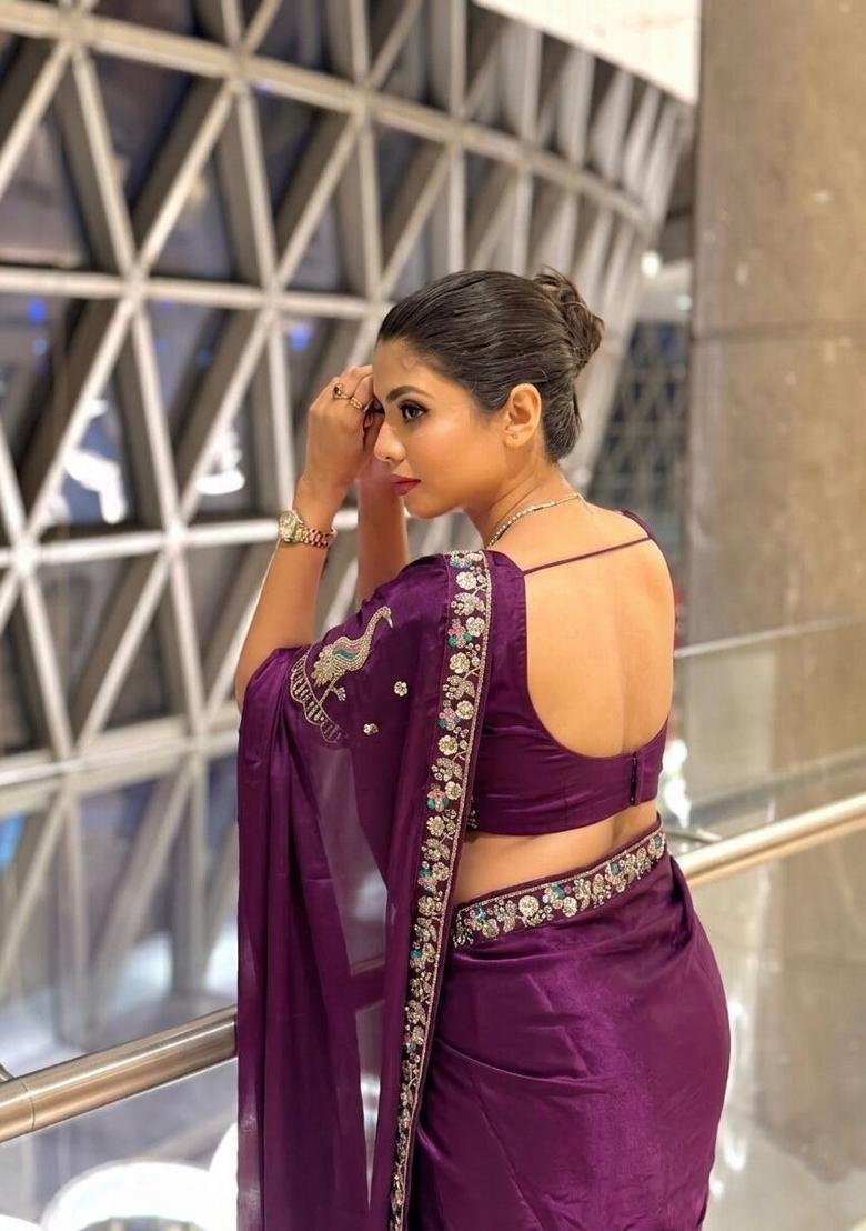 Purple Embroidered Silk Saree Set - Indya