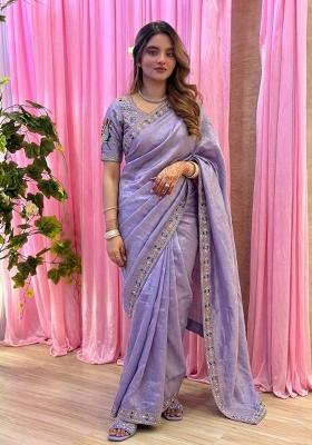 Lavender Embroidered Silk Saree Set