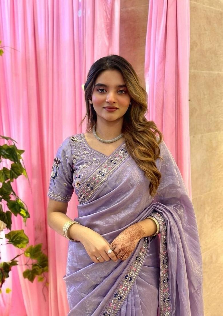 Lavender Embroidered Silk Saree Set - Indya