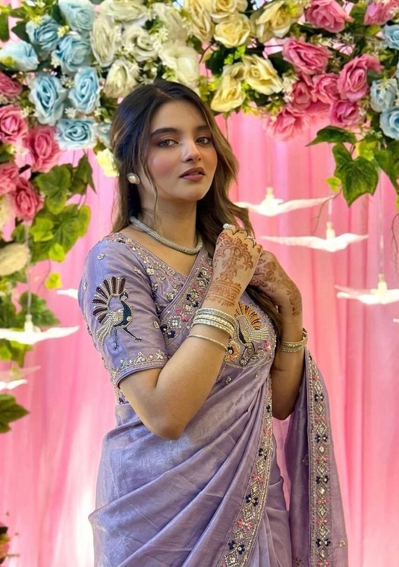 Lavender Embroidered Silk Saree Set - Indya