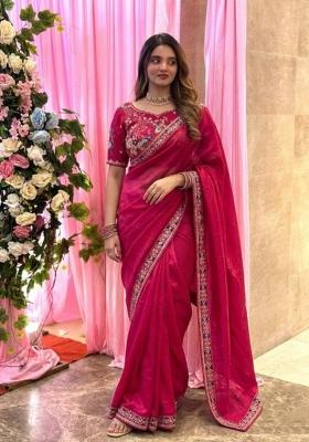 Pink Embroidered Silk Saree Set